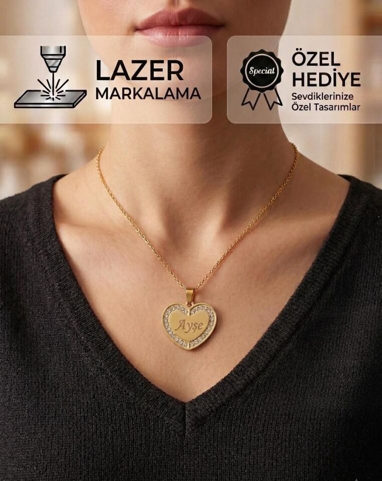 Melisa Takı & Aksesuar 316L Çelik Gold Renk İsim Yazılır Kalp Kolye (Kişiselleştirilebilir)