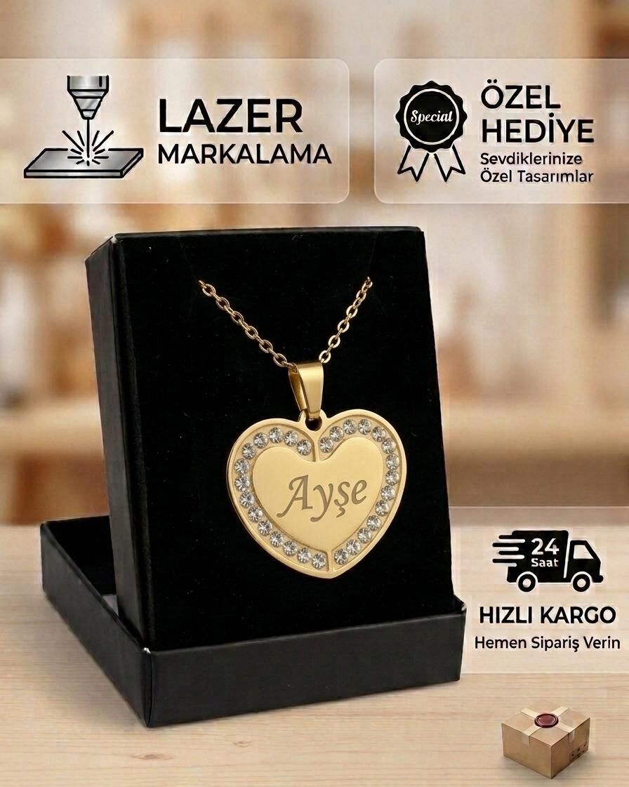Melisa Takı & Aksesuar 316L Çelik Gold Renk İsim Yazılır Kalp Kolye (Kişiselleştirilebilir)