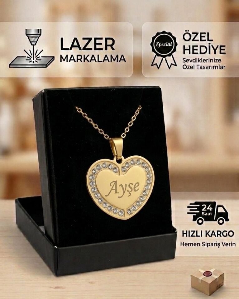 Melisa Takı & Aksesuar 316L Çelik Gold Renk İsim Yazılır Kalp Kolye (Kişiselleştirilebilir)
