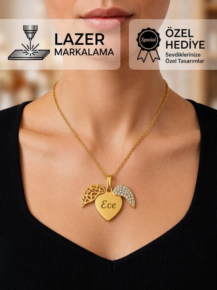 Melisa Takı & Aksesuar 316L Çelik Gold Renk İsim Yazılır Kalp Kolye (Kişiselleştirilebilir)