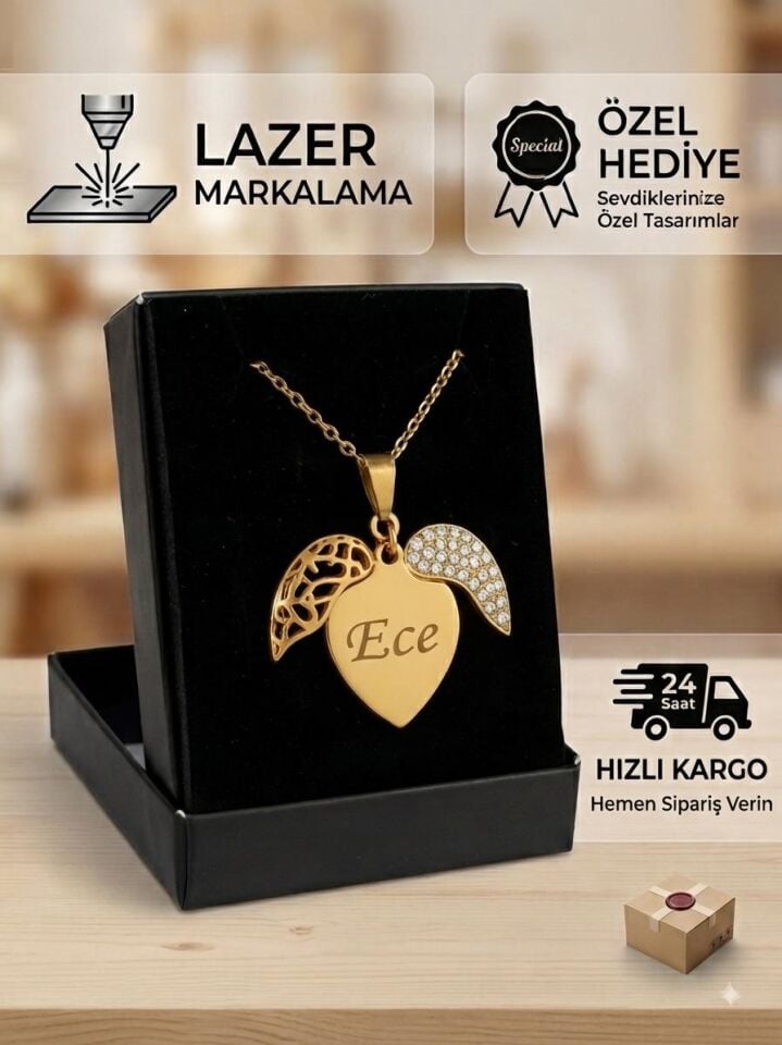 Melisa Takı & Aksesuar 316L Çelik Gold Renk İsim Yazılır Kalp Kolye (Kişiselleştirilebilir)