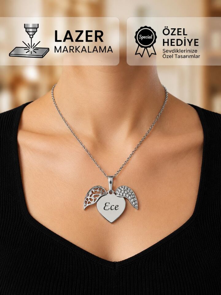 Melisa Takı & Aksesuar 316L Çelik Gümüş Renk İsim Yazılır Kalp Kolye (Kişiselleştirilebilir)
