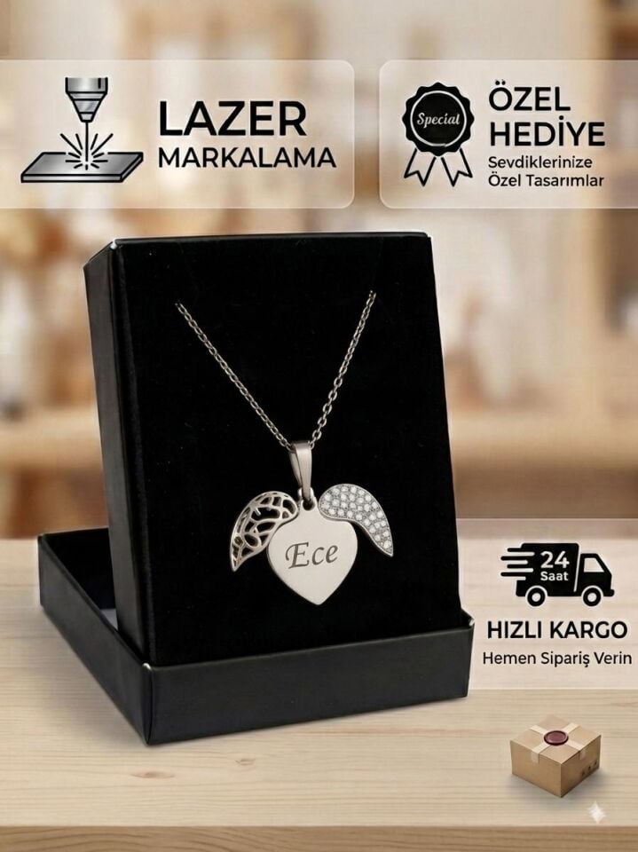 Melisa Takı & Aksesuar 316L Çelik Gümüş Renk İsim Yazılır Kalp Kolye (Kişiselleştirilebilir)