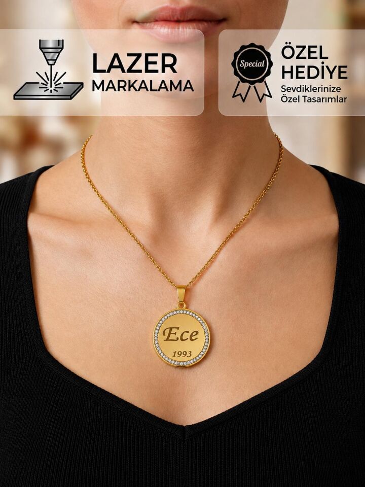 Melisa Takı & Aksesuar 316L Çelik Gold Renk İsim Yazılır Yuvarlak Kolye (Kişiselleştirilebilir)
