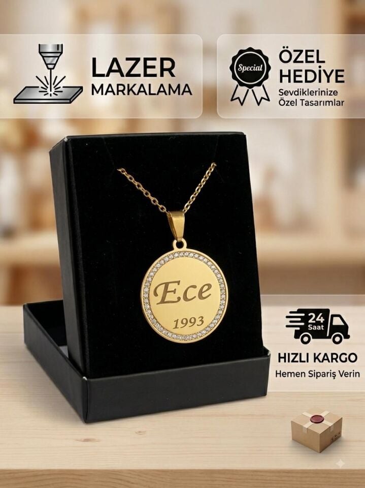 Melisa Takı & Aksesuar 316L Çelik Gold Renk İsim Yazılır Yuvarlak Kolye (Kişiselleştirilebilir)