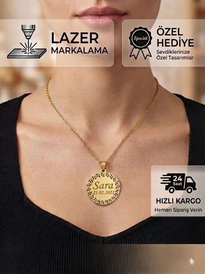 Melisa Takı & Aksesuar 316L Çelik Gold Renk İsim Yazılır Yuvarlak Kolye (Kişiselleştirilebilir)