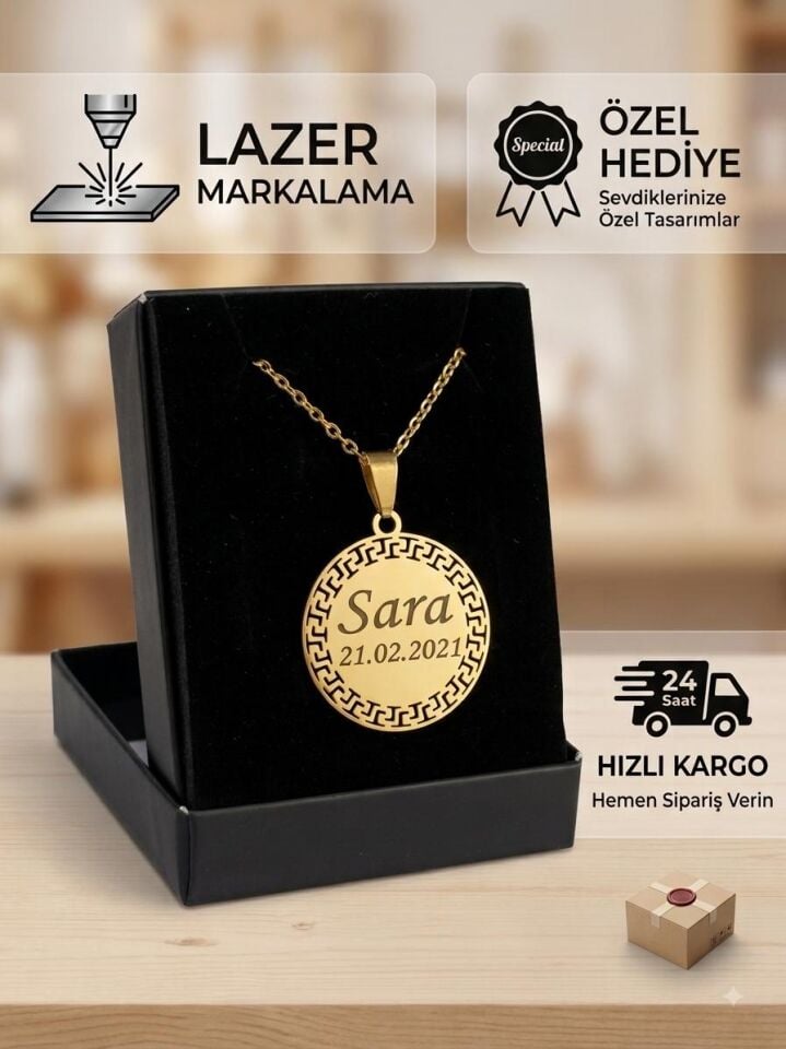 Melisa Takı & Aksesuar 316L Çelik Gold Renk İsim Yazılır Yuvarlak Kolye (Kişiselleştirilebilir)