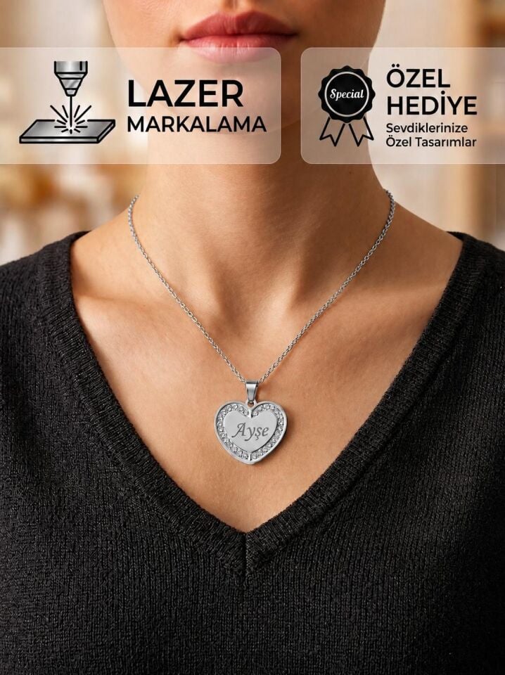 Melisa Takı & Aksesuar 316L Çelik Gümüş Renk İsim Yazılır Kalp Kolye (Kişiselleştirilebilir)