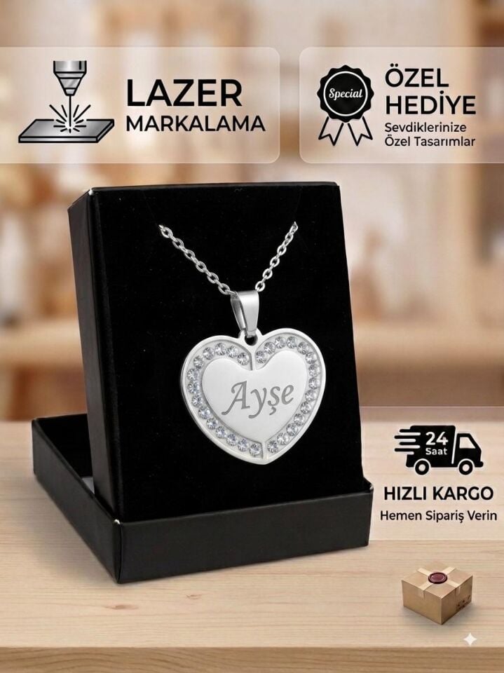 Melisa Takı & Aksesuar 316L Çelik Gümüş Renk İsim Yazılır Kalp Kolye (Kişiselleştirilebilir)