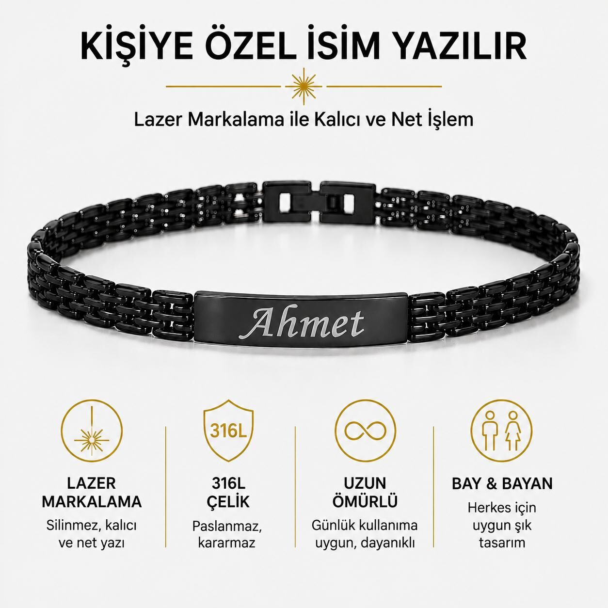 Melisa Takı & Aksesuar Çelik Siyah Renk İsim Yazılır Unısex Bileklik (Kişiselleştirilebilir)