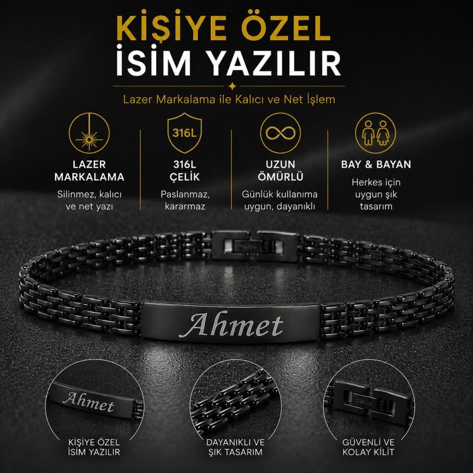 Melisa Takı & Aksesuar Çelik Siyah Renk İsim Yazılır Unısex Bileklik (Kişiselleştirilebilir)