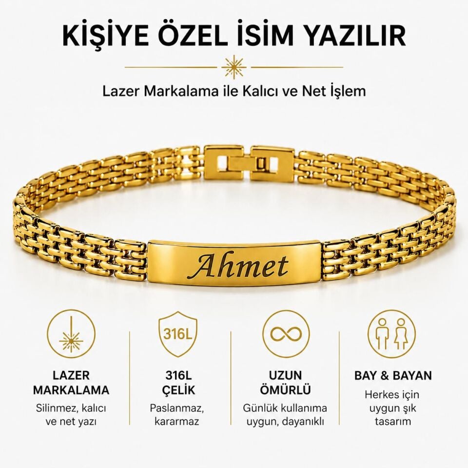Melisa Takı & Aksesuar Çelik Gold Renk İsim Yazılır Unısex Bileklik (Kişiselleştirilebilir)