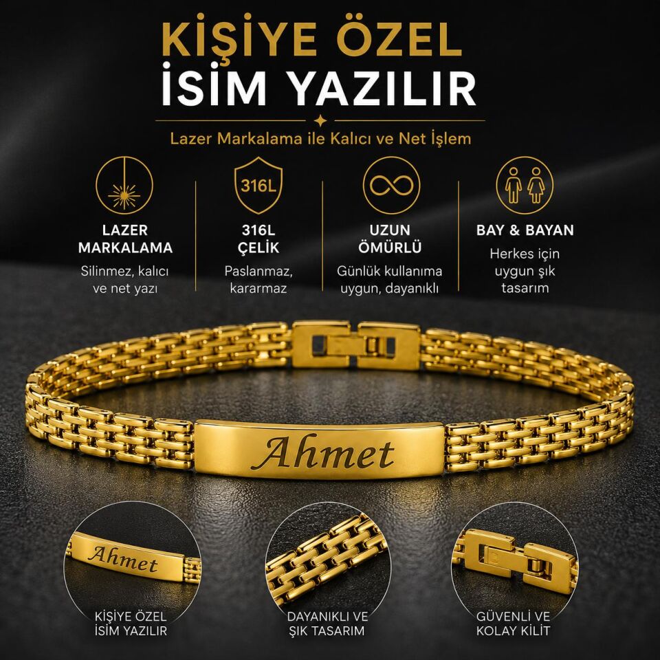 Melisa Takı & Aksesuar Çelik Gold Renk İsim Yazılır Unısex Bileklik (Kişiselleştirilebilir)