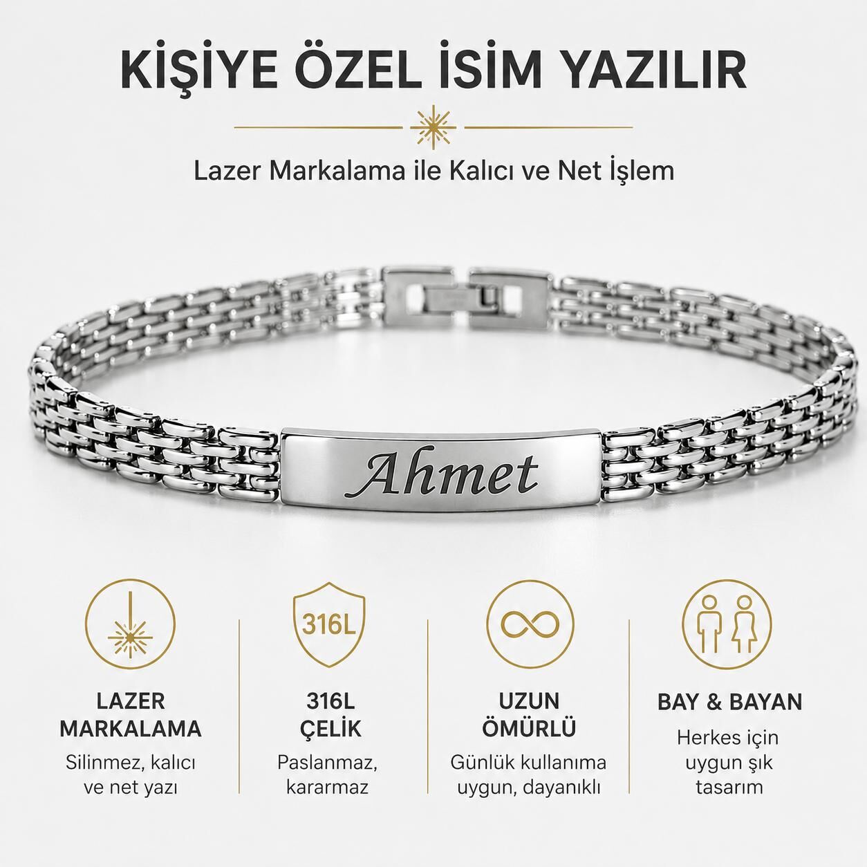 Melisa Takı & Aksesuar Çelik Gümüş Renk İsim Yazılır Unısex Bileklik (Kişiselleştirilebilir)