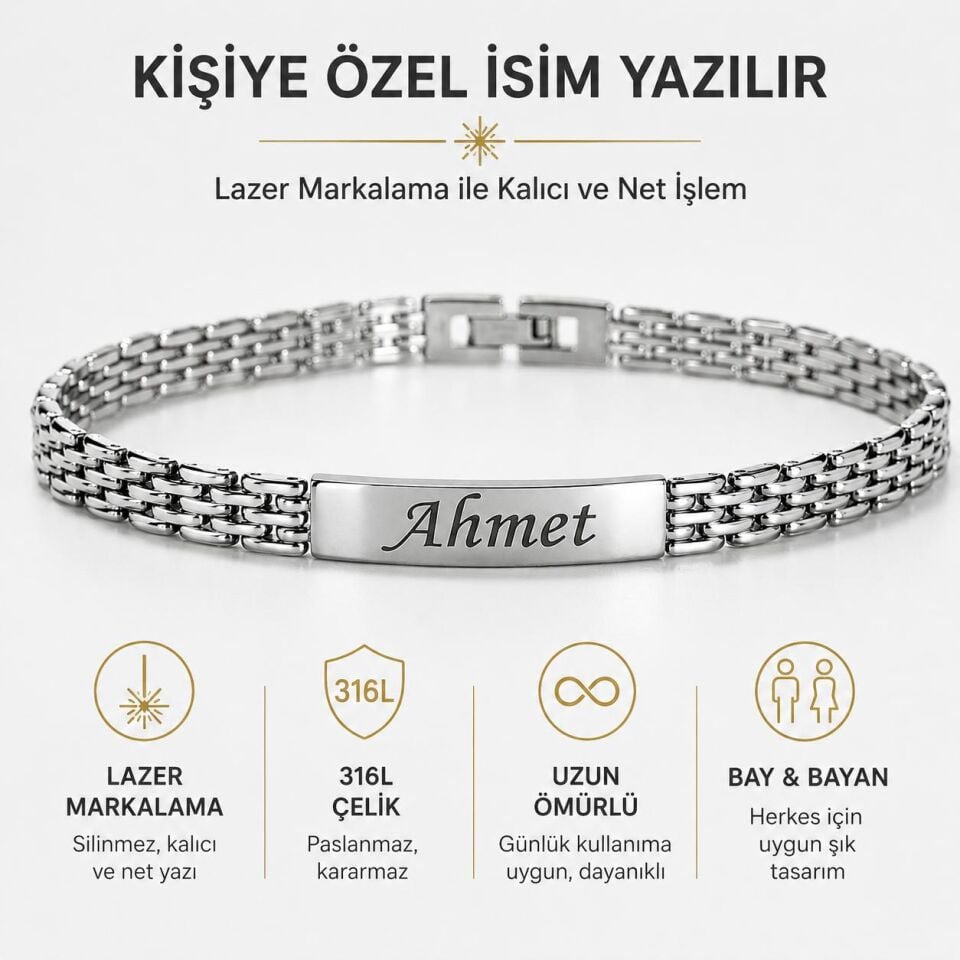 Melisa Takı & Aksesuar Çelik Gümüş Renk İsim Yazılır Unısex Bileklik (Kişiselleştirilebilir)