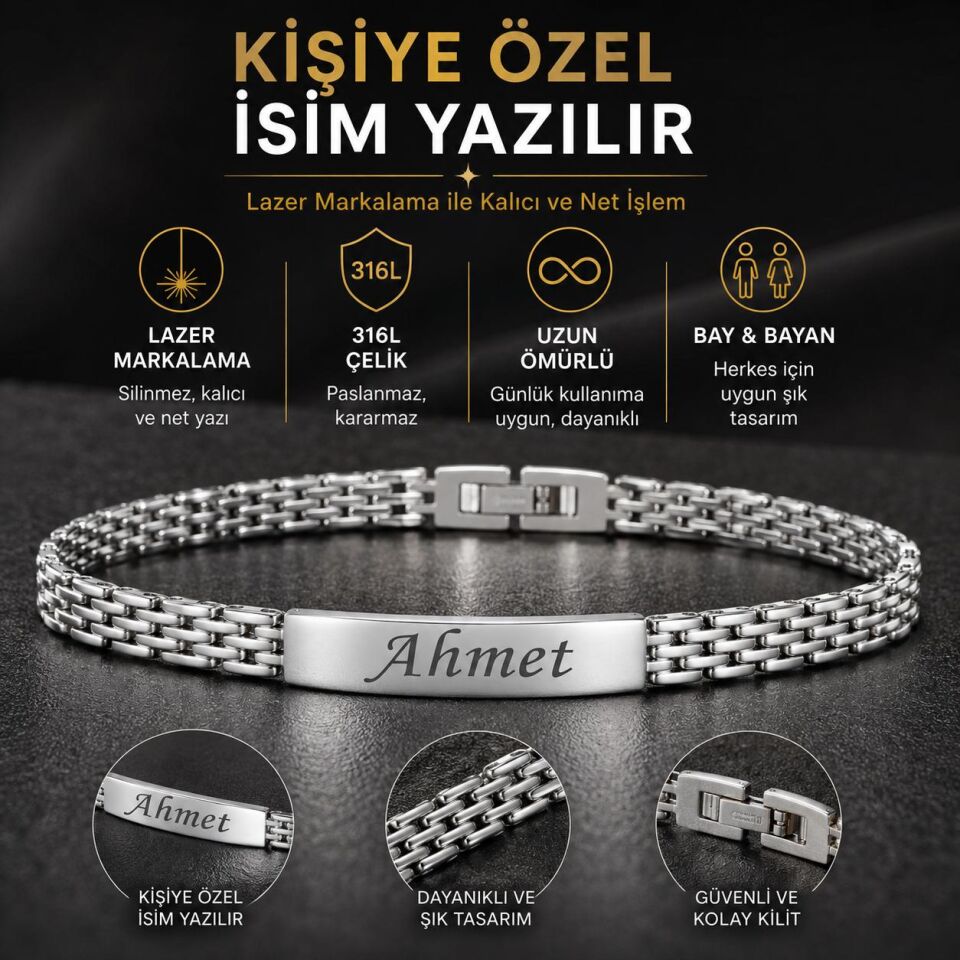 Melisa Takı & Aksesuar Çelik Gümüş Renk İsim Yazılır Unısex Bileklik (Kişiselleştirilebilir)