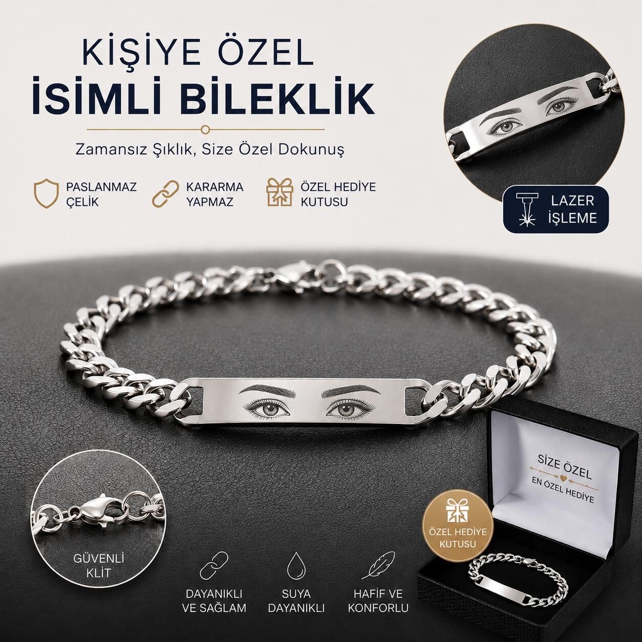 Melisa Takı & Aksesuar Çelik Gümüş Renk İsim Yazılır Unısex Bileklik (Kişiselleştirilebilir)