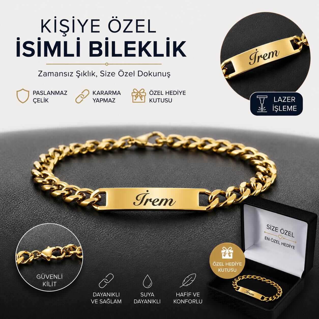 Melisa Takı & Aksesuar Çelik Gold Renk İsim Yazılır Unısex Bileklik (Kişiselleştirilebilir)
