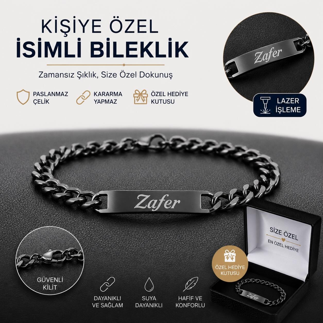 Melisa Takı & Aksesuar Çelik Siyah Renk İsim Yazılır Unısex Bileklik (Kişiselleştirilebilir)