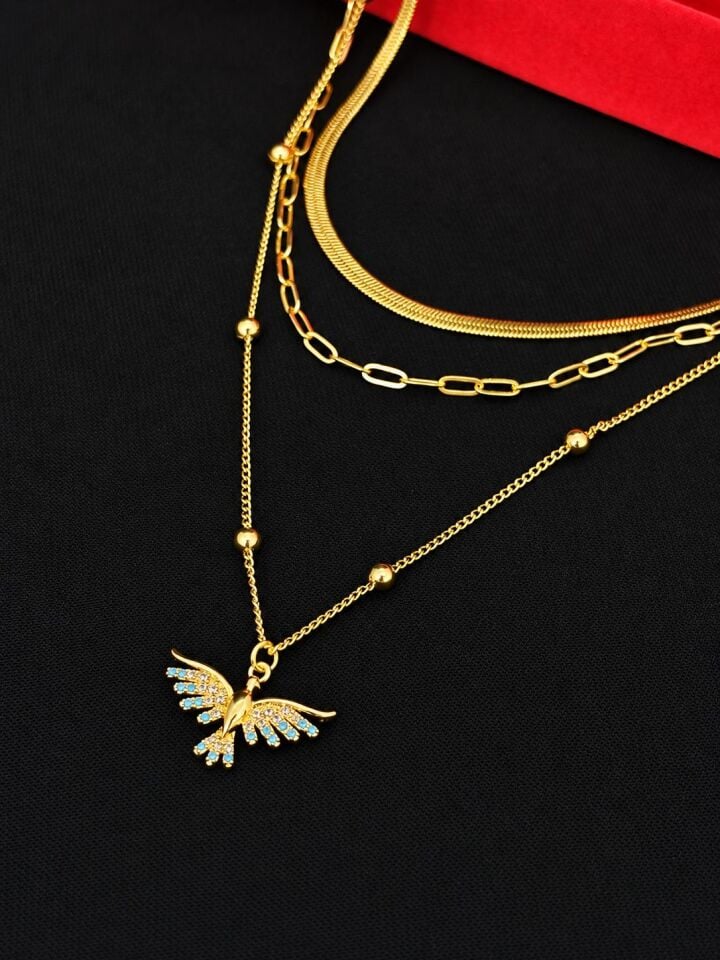 Melisa Takı & Aksesuar 316L Çelik Gold Renk Anka Kuşu Zirkon Taşlı Üç Zincirli Kolye
