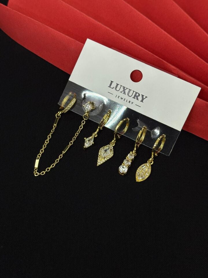 Melisa Takı & Aksesuar 316L Çelik Luxury Jewelry Gold Renk 6lı Set Zirkon Taşlı Küpe