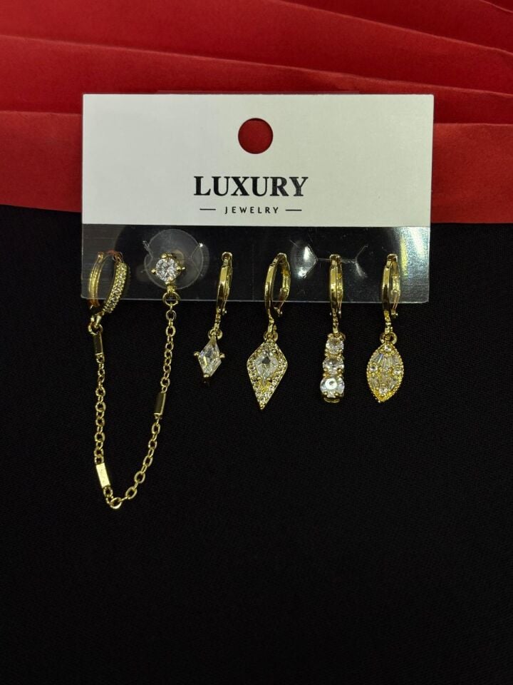 Melisa Takı & Aksesuar 316L Çelik Luxury Jewelry Gold Renk 6lı Set Zirkon Taşlı Küpe