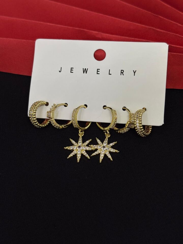 Melisa Takı & Aksesuar 316L Çelik Jewelry Gold Renk 6lı Set Zirkon Taşlı Küpe