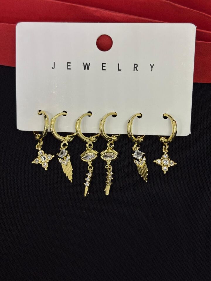 Melisa Takı & Aksesuar 316L Çelik Jewelry Gold Renk 6lı Set Zirkon Taşlı Küpe