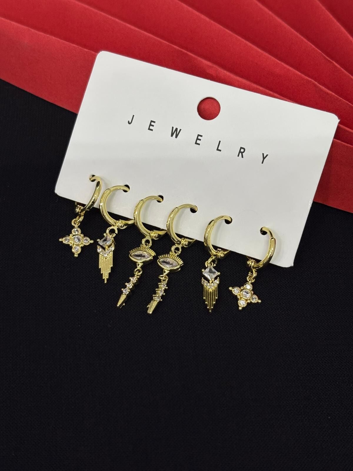 Melisa Takı & Aksesuar 316L Çelik Jewelry Gold Renk 6lı Set Zirkon Taşlı Küpe