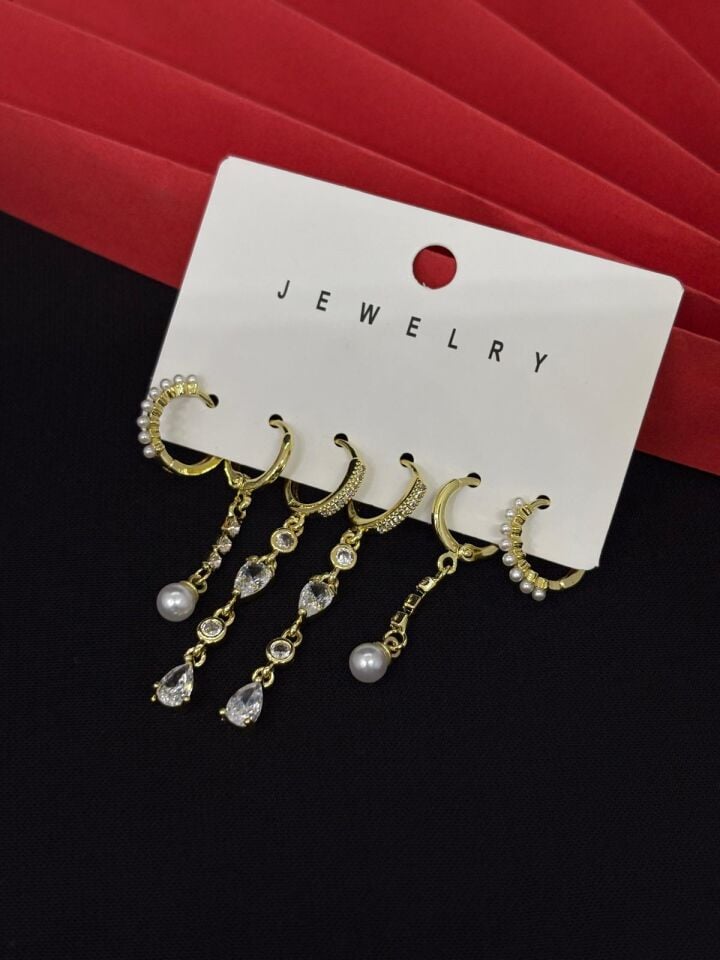 Melisa Takı & Aksesuar 316L Çelik Jewelry Gold Renk 6lı Set Zirkon Taşlı Küpe