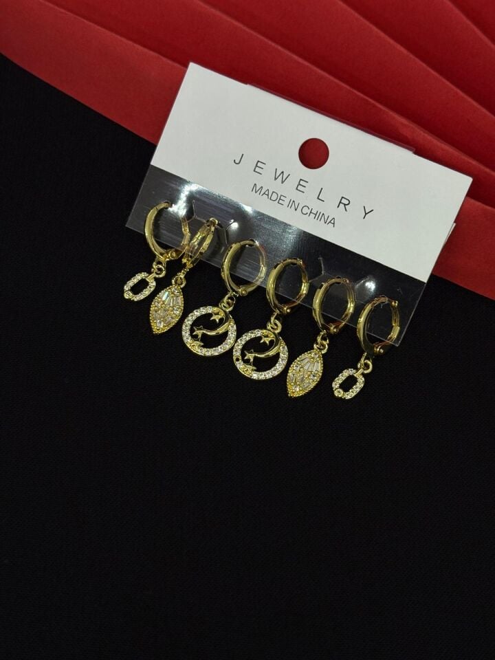 Melisa Takı & Aksesuar 316L Çelik Jewelry Gold Renk 6lı Set Zirkon Taşlı Küpe