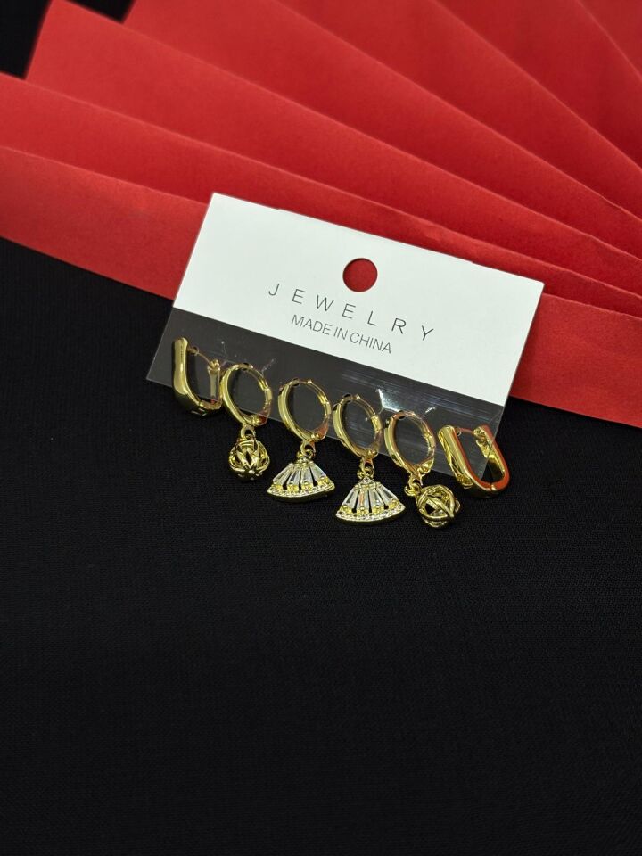 Melisa Takı & Aksesuar 316L Çelik Jewelry Gold Renk 6lı Set Zirkon Taşlı Küpe