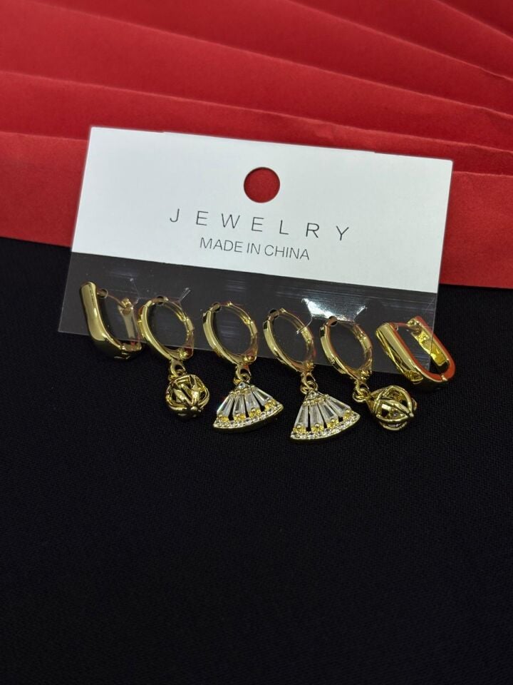 Melisa Takı & Aksesuar 316L Çelik Jewelry Gold Renk 6lı Set Zirkon Taşlı Küpe