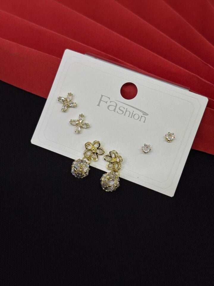Melisa Takı & Aksesuar 316L Çelik Fashıon Gold Renk 6lı Set Zirkon Taşlı Küpe