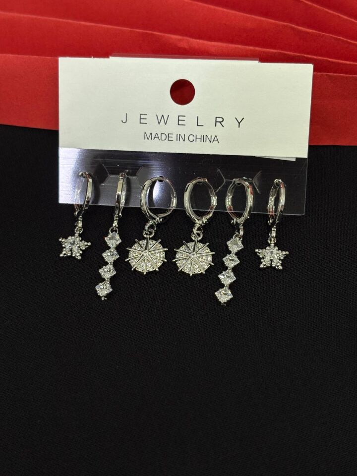 Melisa Takı & Aksesuar 316L Çelik Jewelry Gümüş Renk 6lı Set Zirkon Taşlı Küpe