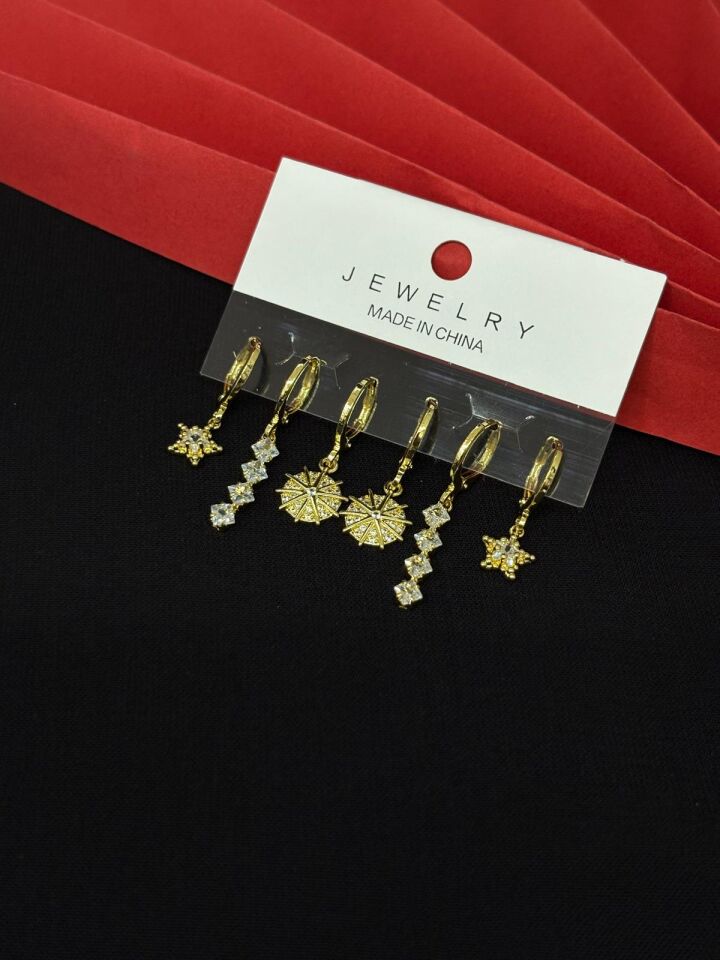Melisa Takı & Aksesuar 316L Çelik Jewelry Gold Renk 6lı Set Zirkon Taşlı Küpe