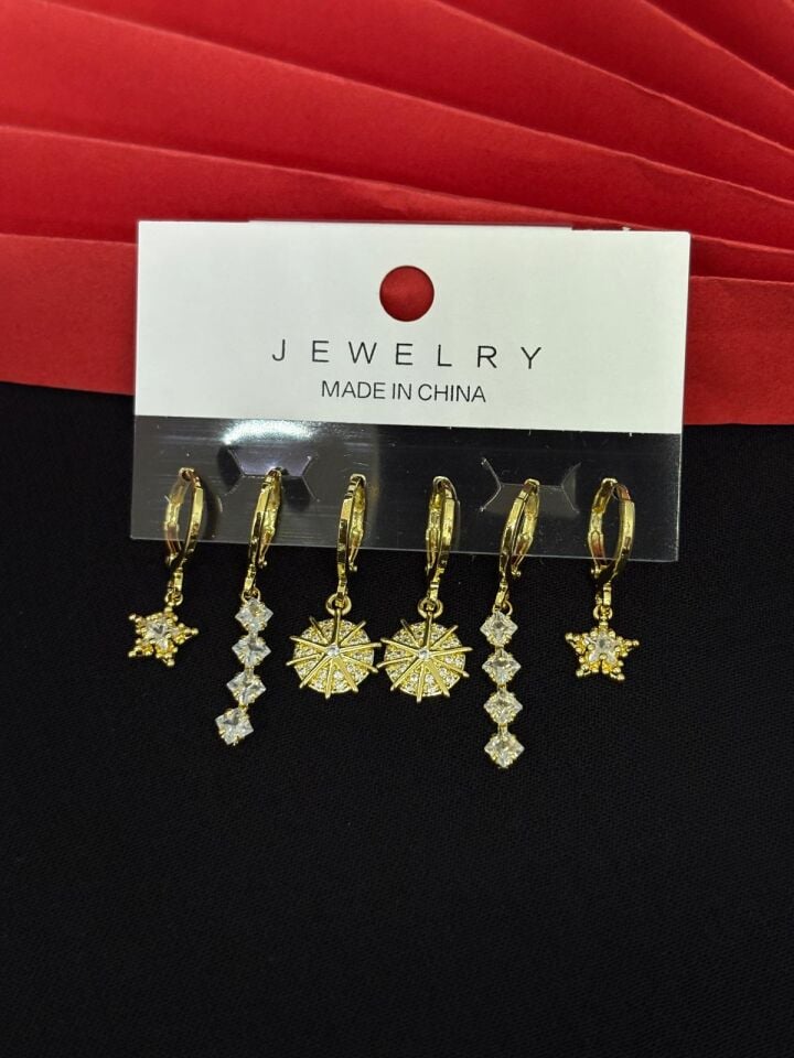 Melisa Takı & Aksesuar 316L Çelik Jewelry Gold Renk 6lı Set Zirkon Taşlı Küpe