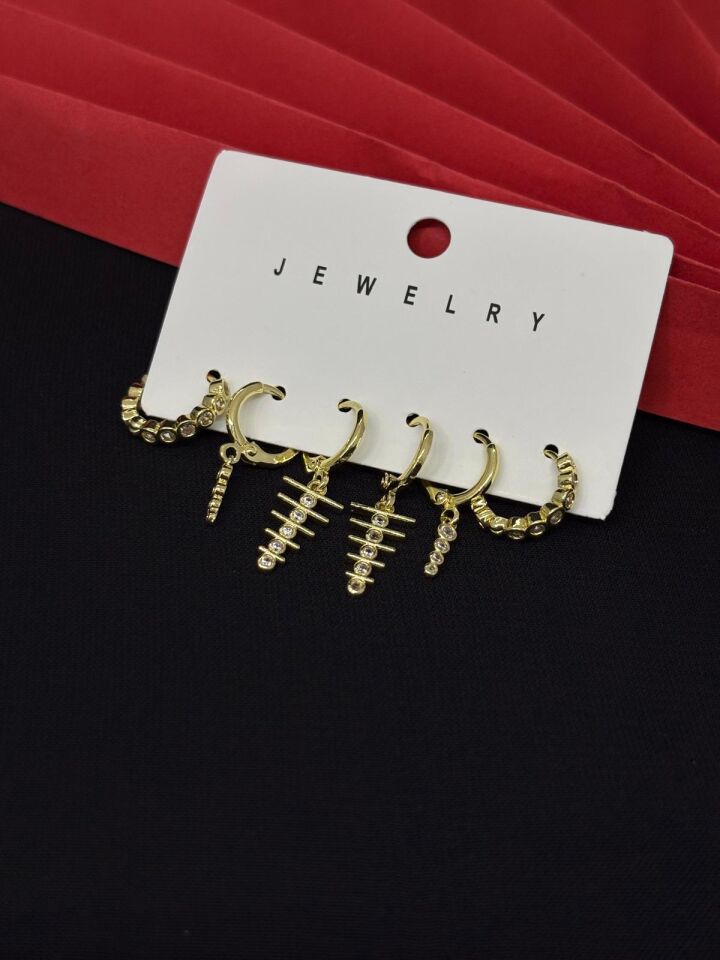 Melisa Takı & Aksesuar 316L Çelik Jewelry Gold Renk 6lı Set Zirkon Taşlı Küpe