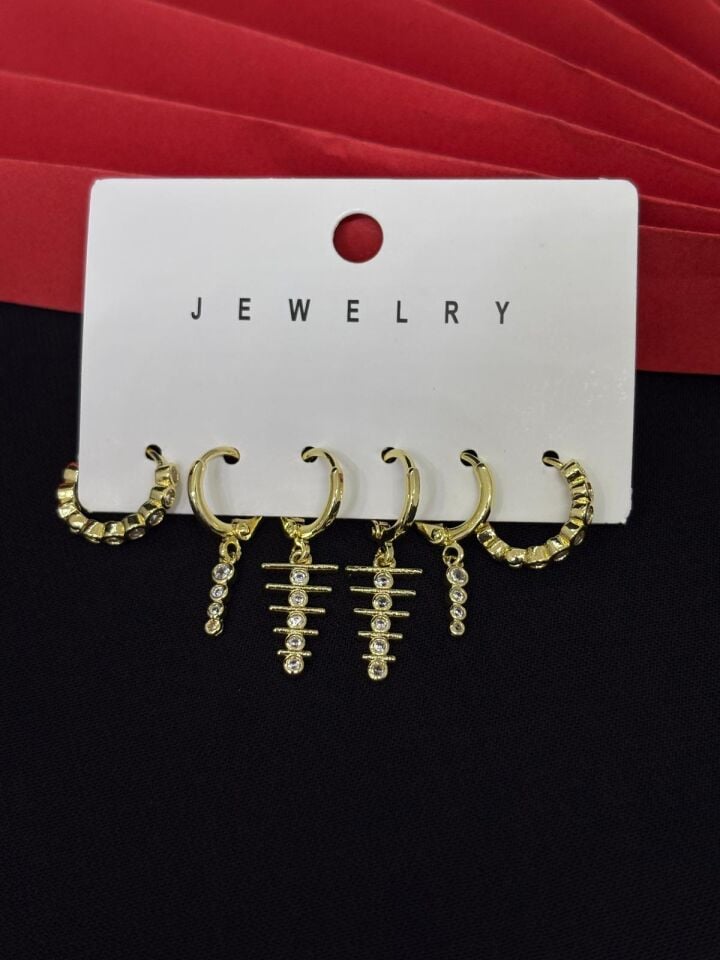 Melisa Takı & Aksesuar 316L Çelik Jewelry Gold Renk 6lı Set Zirkon Taşlı Küpe