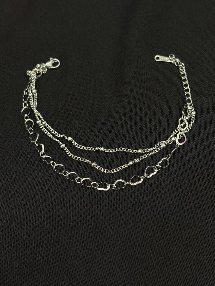 316L Çelik Gümüş Renk Üçlü Kalp Bileklik